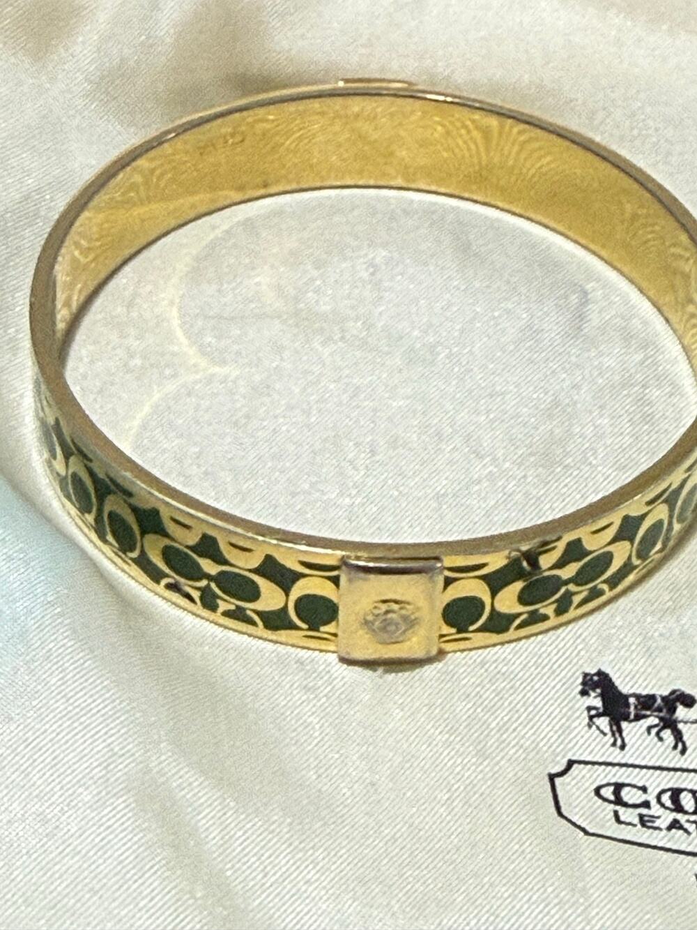 Coach Vintage Signature C Enamel Hinged Bangle Bracelet - Gold & Forest Green